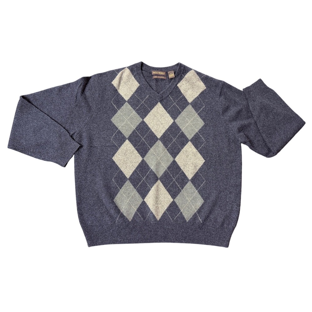 Paolo Mondo Mens XL 100% Cashmere V-Neck Argyle Sweater Old Money Preppy
